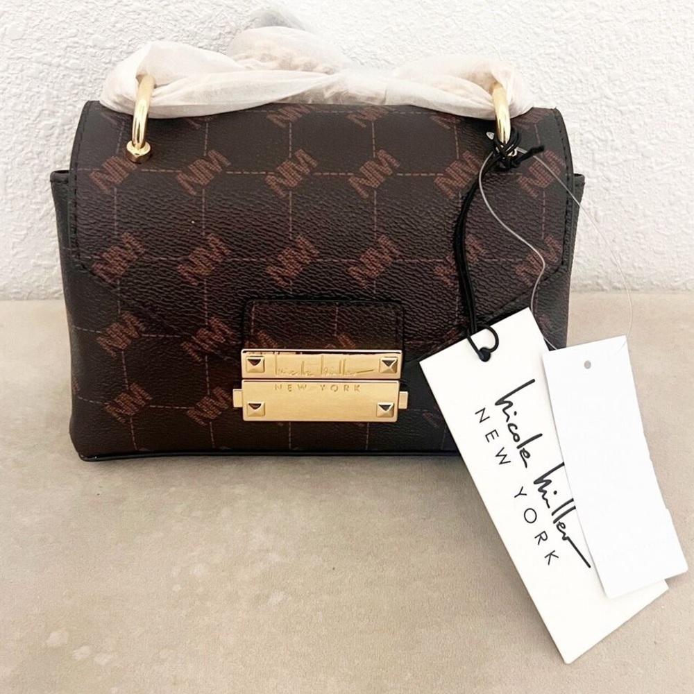 NWT Nicole Miller New York Faux Leather Brown Logo Crossbody Purse